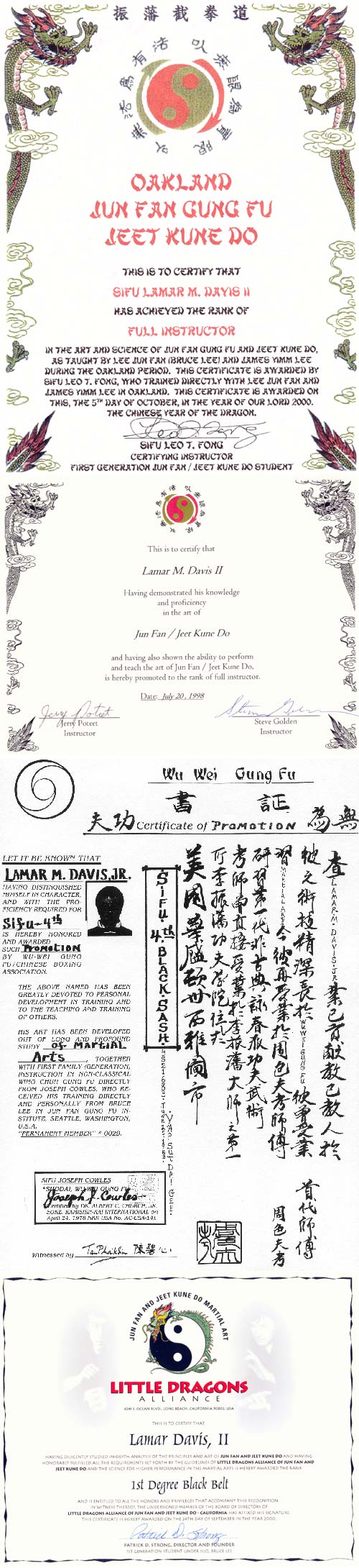 Sifu Lamar M. Davis Certifications